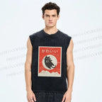 Unisex Cute Black Cat Japanese Printed Washed Tank Top