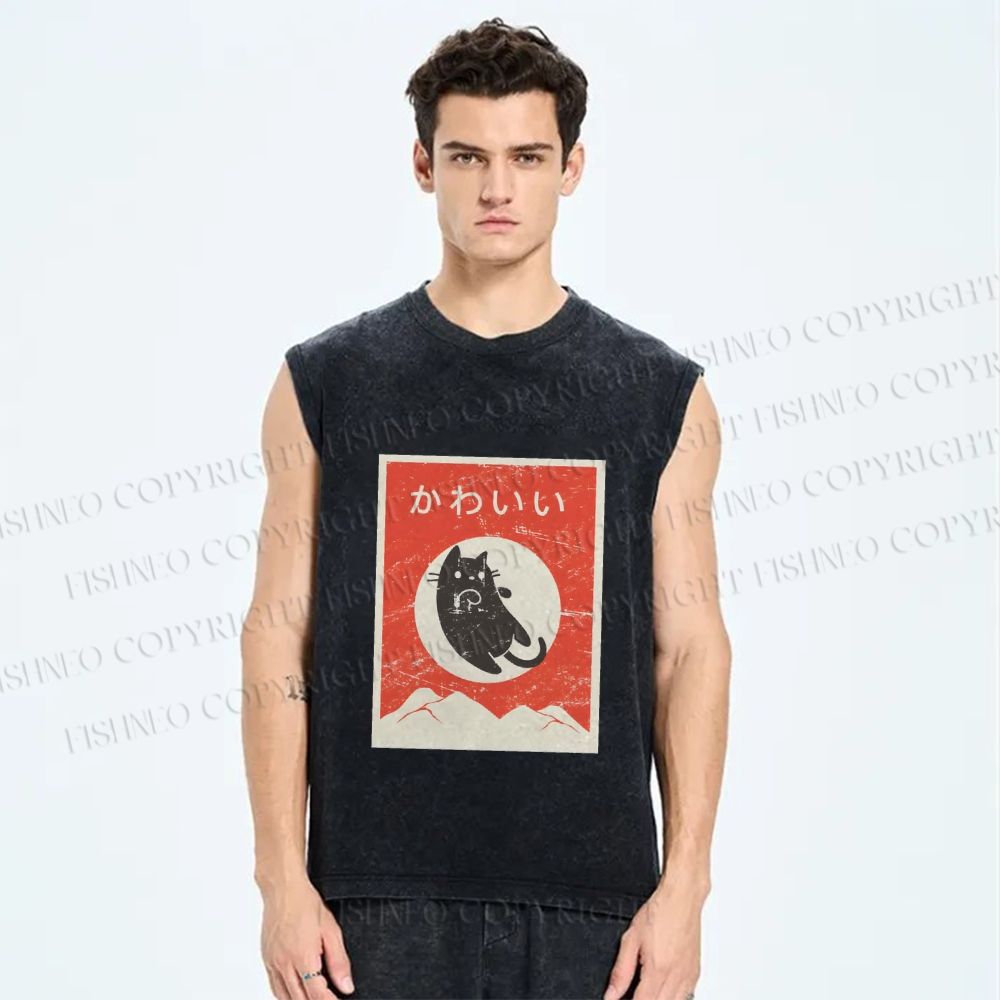 Unisex Cute Black Cat Japanese Printed Washed Tank Top