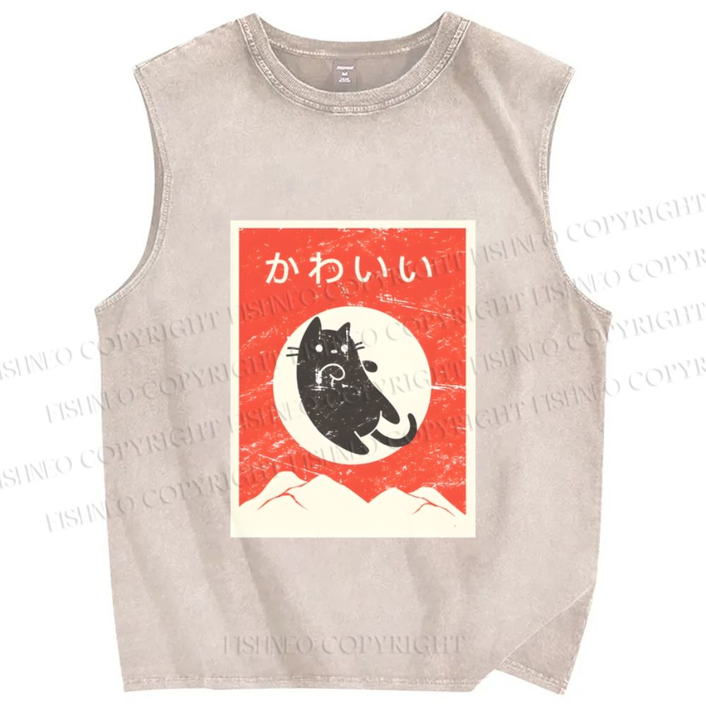 Unisex Cute Black Cat Japanese Printed Washed Tank Top