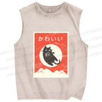 Unisex Cute Black Cat Japanese Printed Washed Tank Top