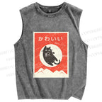 Unisex Cute Black Cat Japanese Printed Washed Tank Top