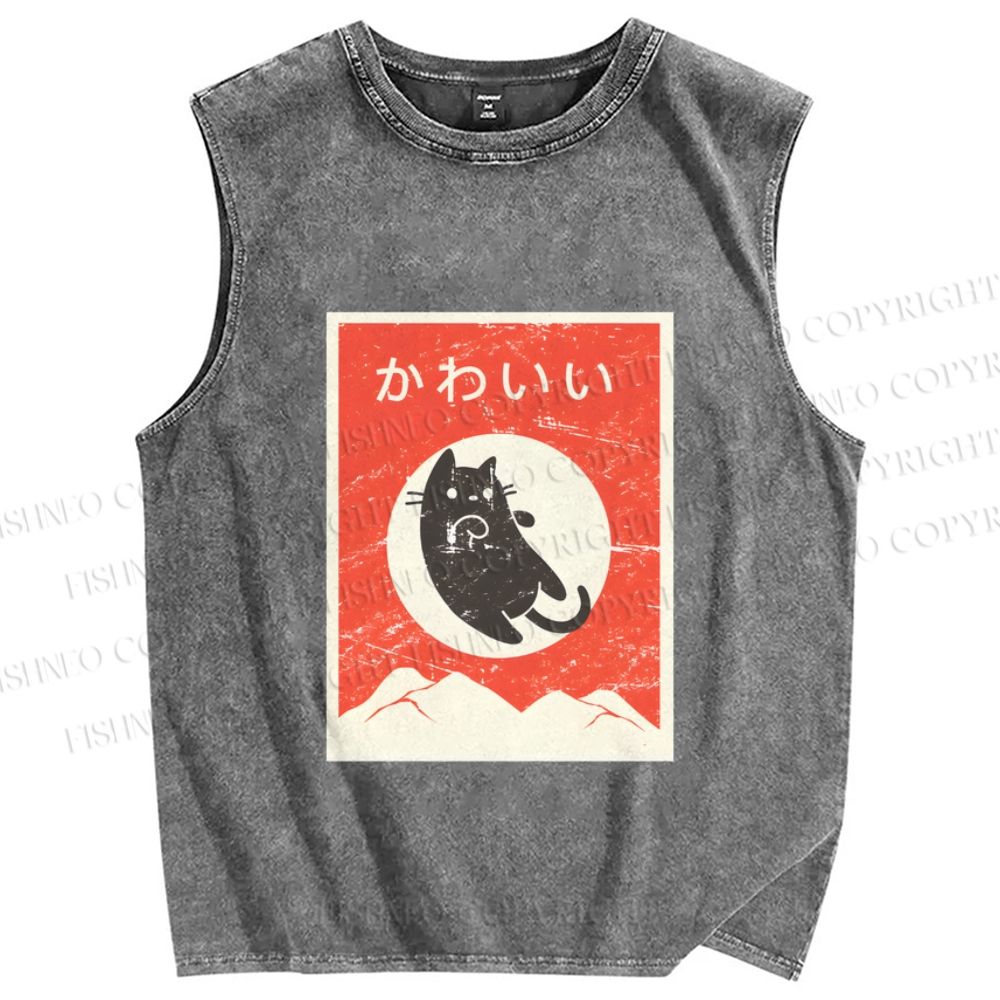 Unisex Cute Black Cat Japanese Printed Washed Tank Top