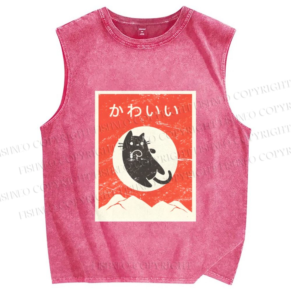Unisex Cute Black Cat Japanese Printed Washed Tank Top
