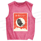 Unisex Cute Black Cat Japanese Printed Washed Tank Top