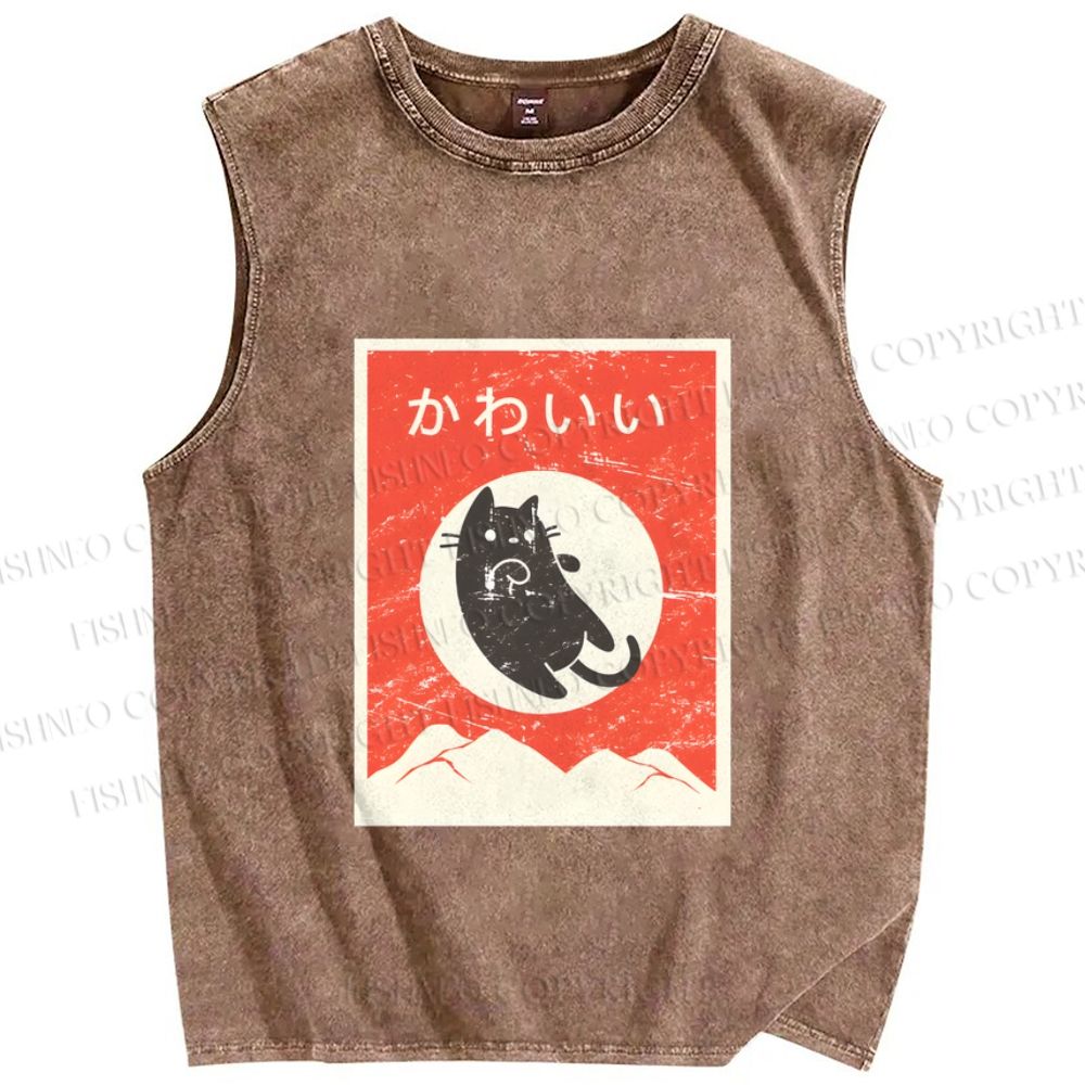Unisex Cute Black Cat Japanese Printed Washed Tank Top