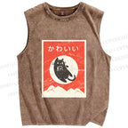 Unisex Cute Black Cat Japanese Printed Washed Tank Top
