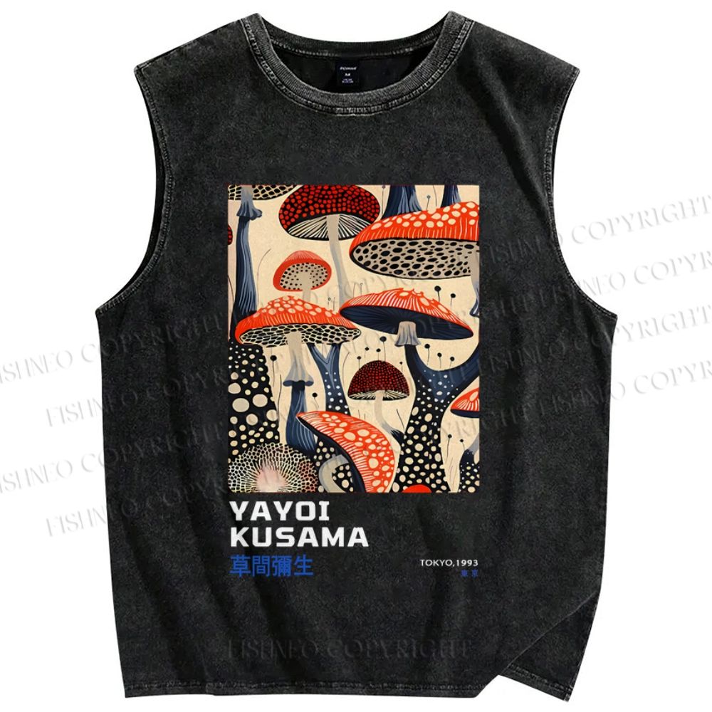 Unisex Yayoi Kusama Mushroom Vintage Japanese Printed Washed Tank Top