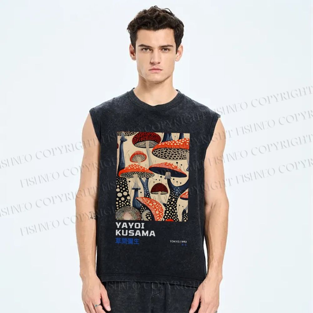 Unisex Yayoi Kusama Mushroom Vintage Japanese Printed Washed Tank Top