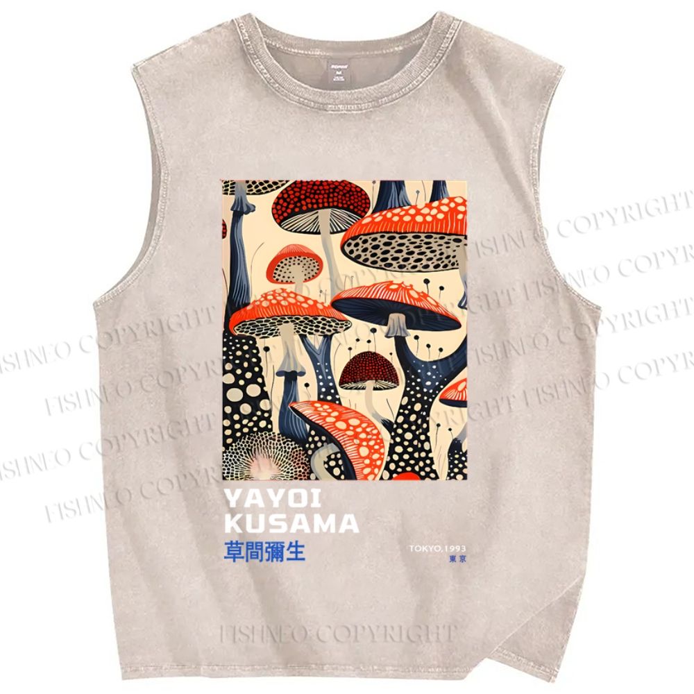 Unisex Yayoi Kusama Mushroom Vintage Japanese Printed Washed Tank Top