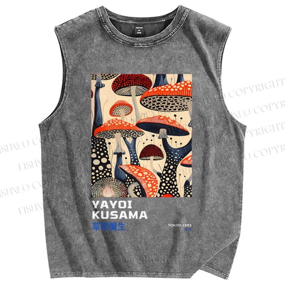 Unisex Yayoi Kusama Mushroom Vintage Japanese Printed Washed Tank Top