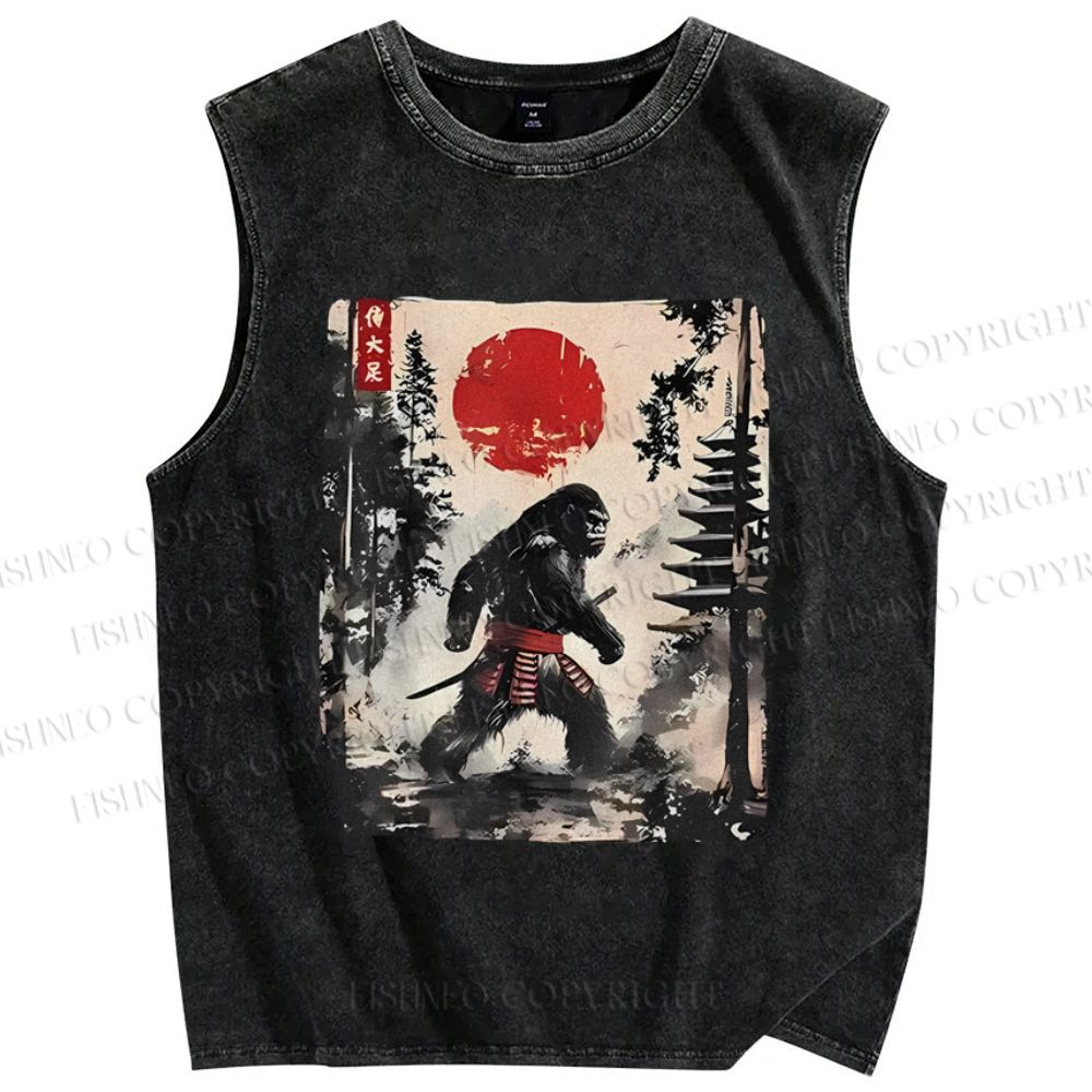 Unisex Japanese Samurai Bigfoot Printed Washed Tank Top