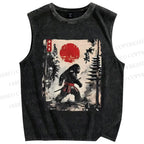 Unisex Japanese Samurai Bigfoot Printed Washed Tank Top