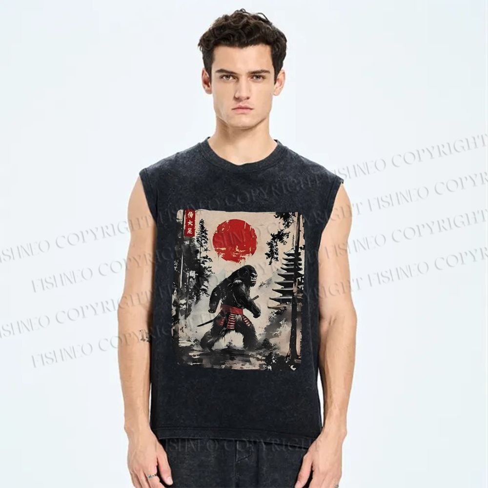 Unisex Japanese Samurai Bigfoot Printed Washed Tank Top
