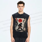 Unisex Japanese Samurai Bigfoot Printed Washed Tank Top