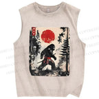 Unisex Japanese Samurai Bigfoot Printed Washed Tank Top