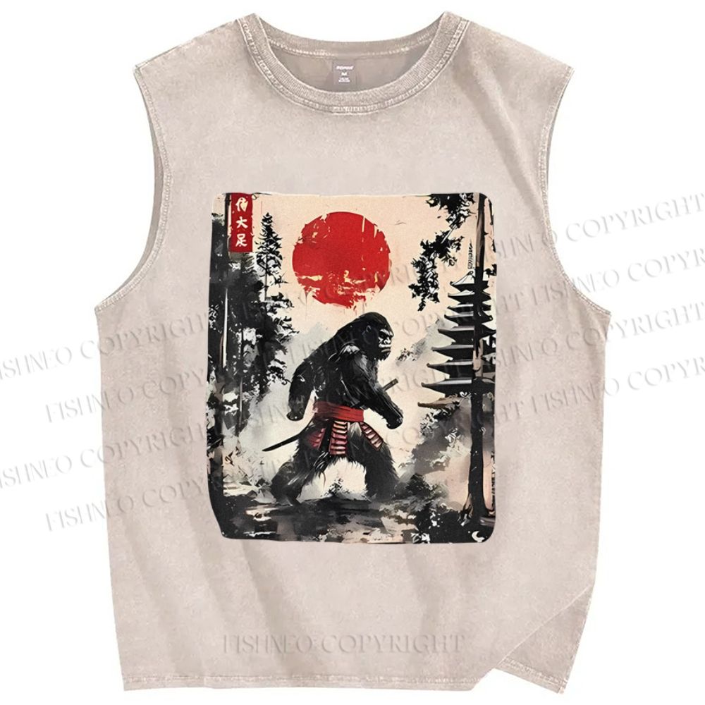 Unisex Japanese Samurai Bigfoot Printed Washed Tank Top