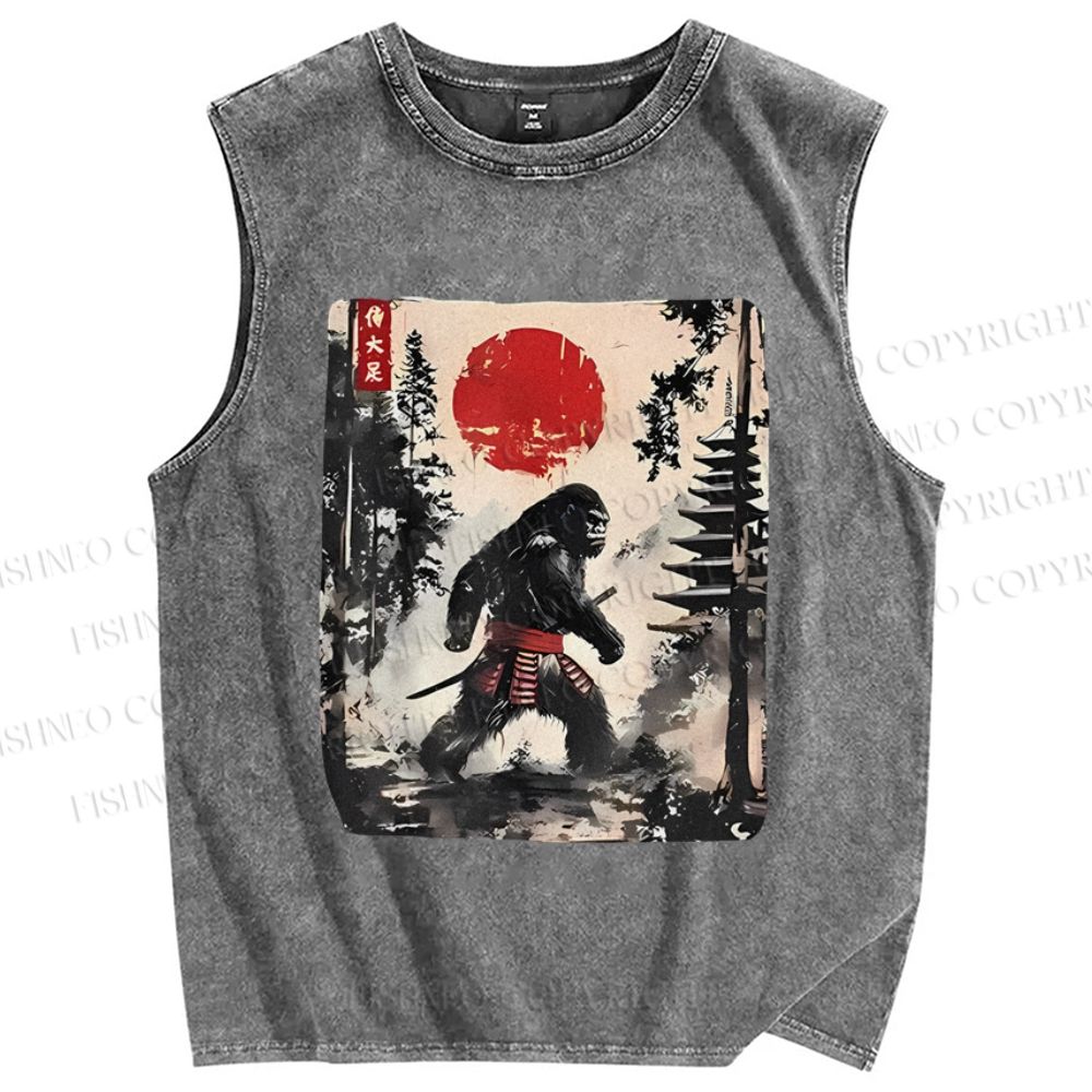Unisex Japanese Samurai Bigfoot Printed Washed Tank Top