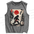 Unisex Japanese Samurai Bigfoot Printed Washed Tank Top