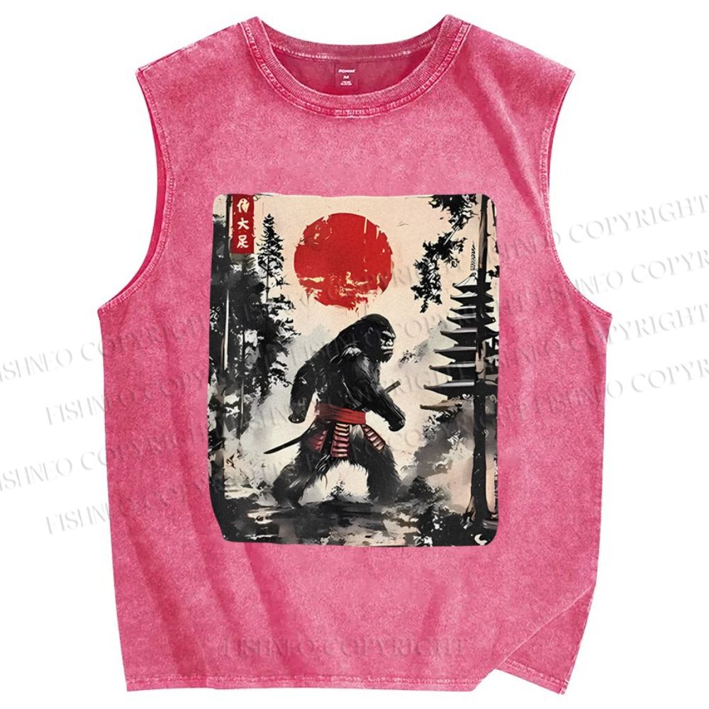 Unisex Japanese Samurai Bigfoot Printed Washed Tank Top