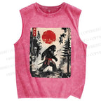Unisex Japanese Samurai Bigfoot Printed Washed Tank Top