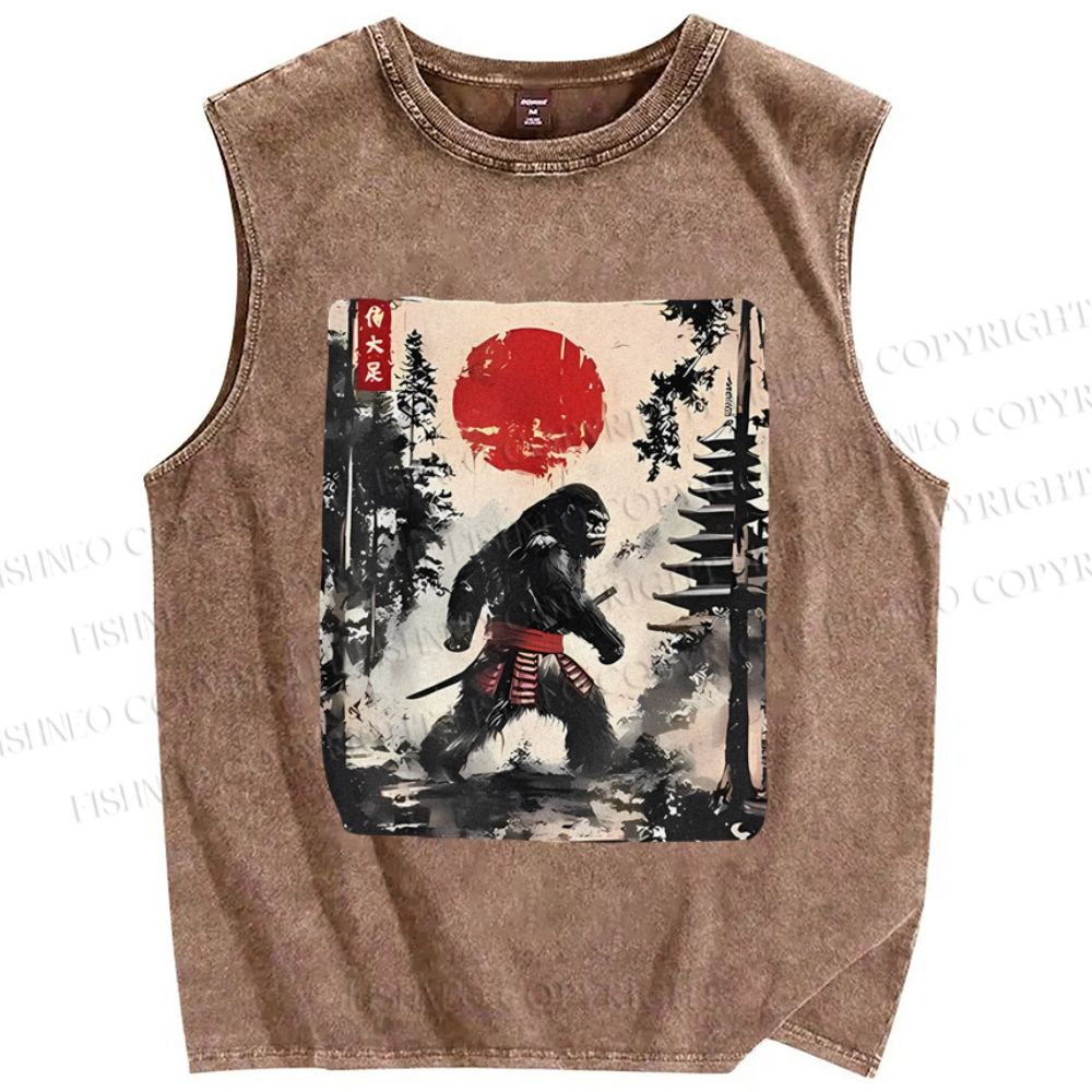 Unisex Japanese Samurai Bigfoot Printed Washed Tank Top