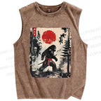 Unisex Japanese Samurai Bigfoot Printed Washed Tank Top