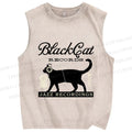 Unisex Black Cat Japan Printed Washed Tank Top
