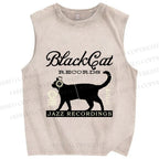 Unisex Black Cat Japan Printed Washed Tank Top