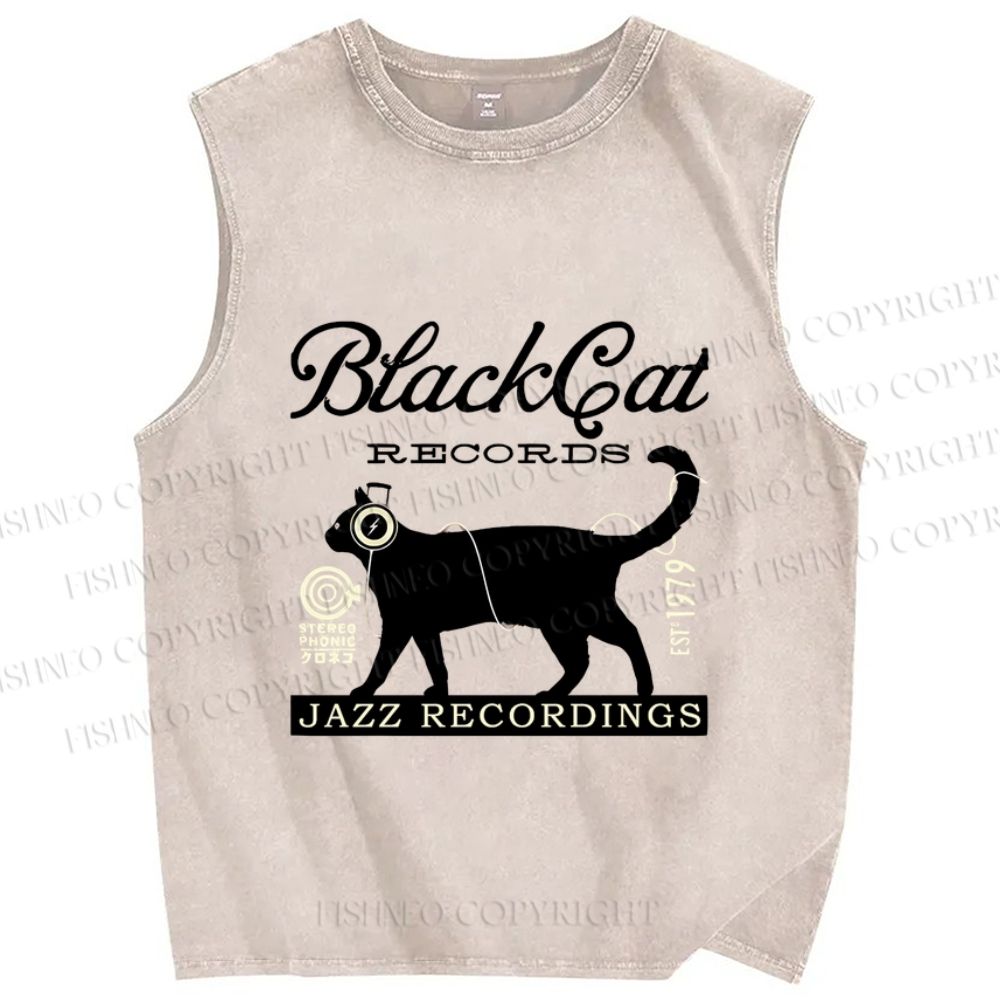Unisex Black Cat Japan Printed Washed Tank Top