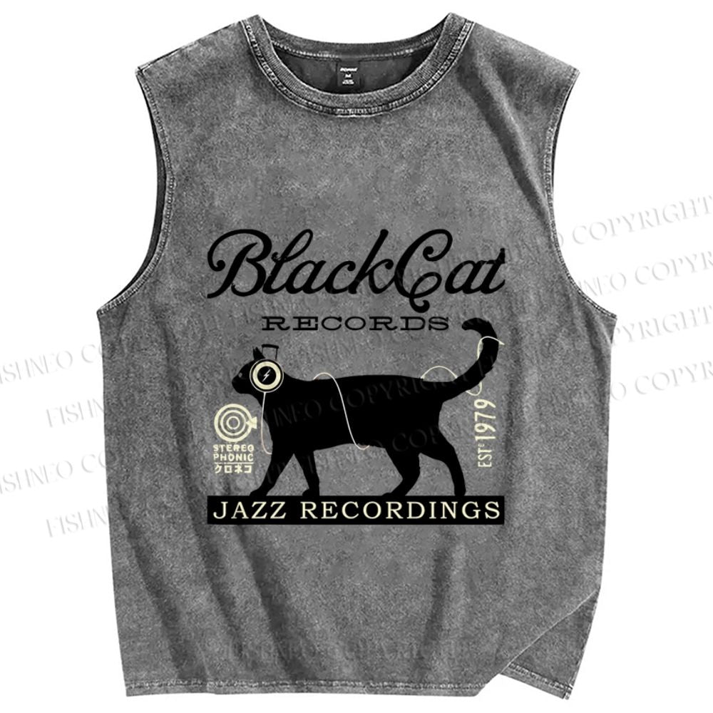 Unisex Black Cat Japan Printed Washed Tank Top