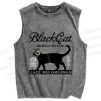 Unisex Black Cat Japan Printed Washed Tank Top