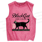Unisex Black Cat Japan Printed Washed Tank Top