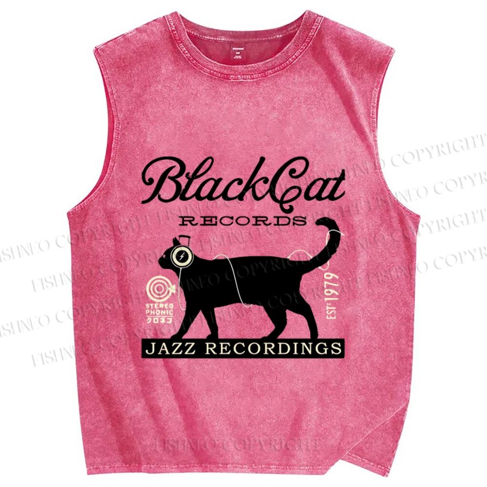 Unisex Black Cat Japan Printed Washed Tank Top