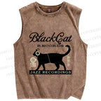 Unisex Black Cat Japan Printed Washed Tank Top