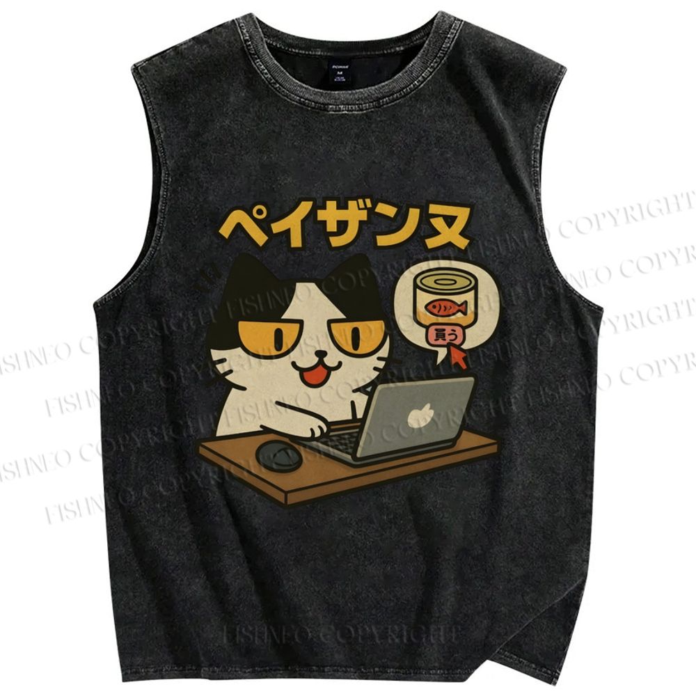 Unisex Shopping Cat Printed Washed Tank Top