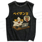 Unisex Shopping Cat Printed Washed Tank Top
