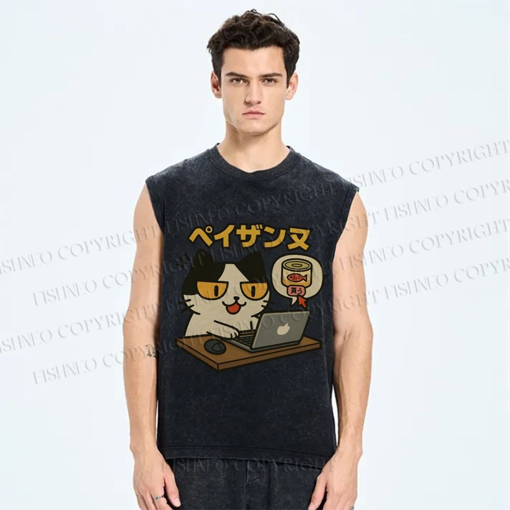 Unisex Shopping Cat Printed Washed Tank Top