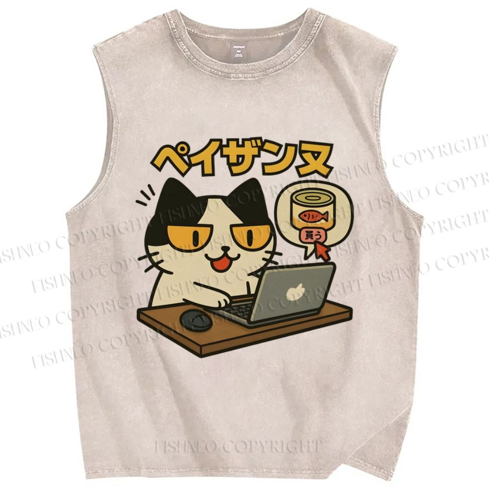 Unisex Shopping Cat Printed Washed Tank Top