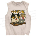 Unisex Shopping Cat Printed Washed Tank Top