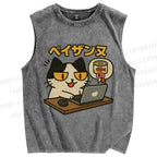 Unisex Shopping Cat Printed Washed Tank Top