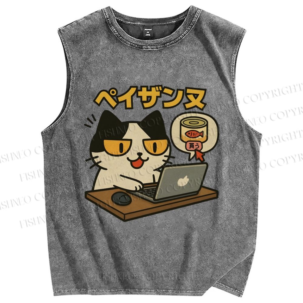 Unisex Shopping Cat Printed Washed Tank Top