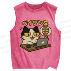 Unisex Shopping Cat Printed Washed Tank Top