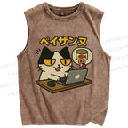 Unisex Shopping Cat Printed Washed Tank Top