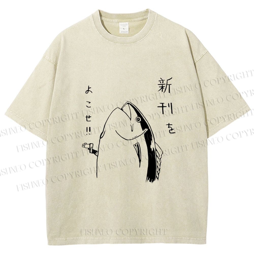 Unisex Vintage Japanese Funny Fish Shooting Printed Washed Tee