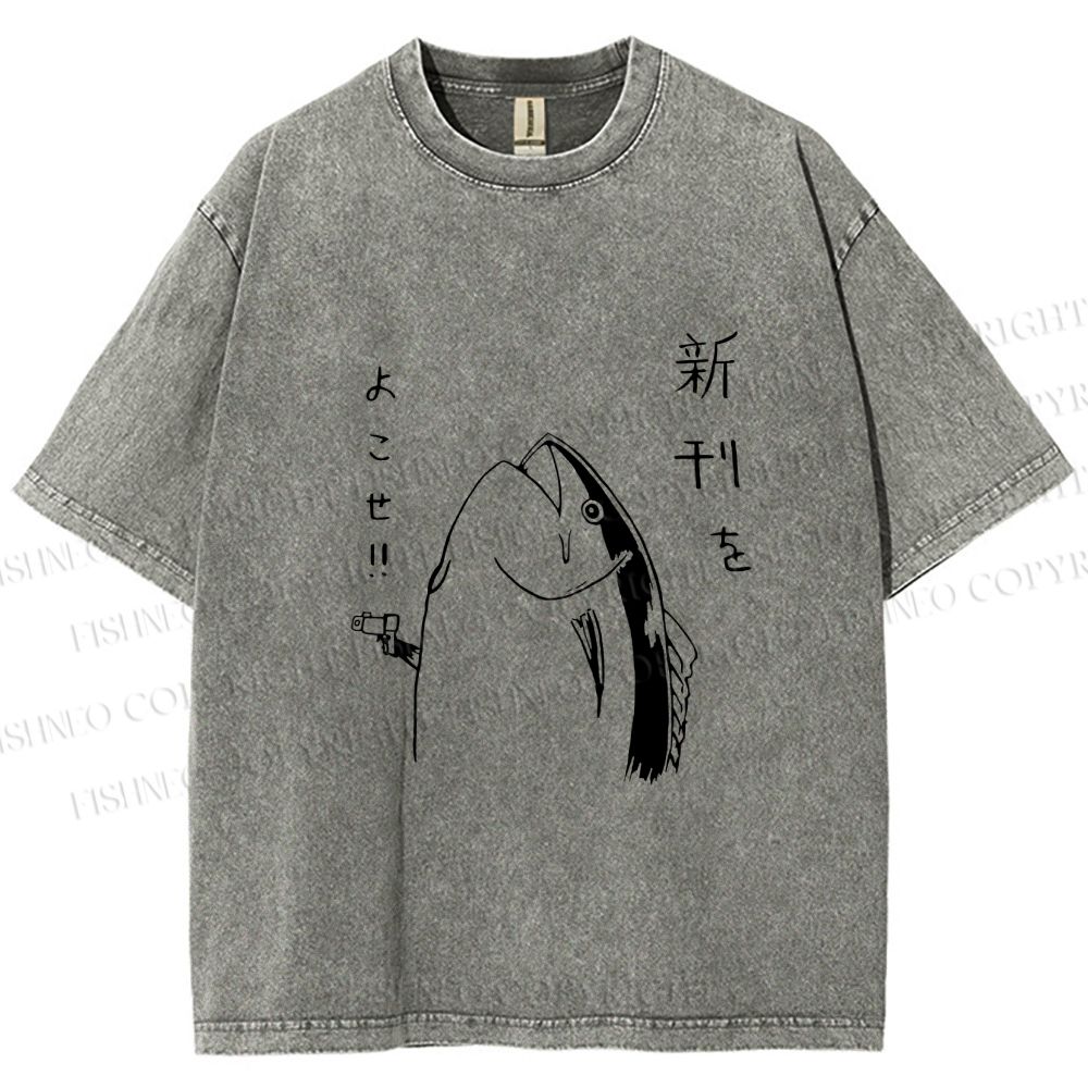 Unisex Vintage Japanese Funny Fish Shooting Printed Washed Tee