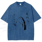 Unisex Vintage Japanese Funny Fish Shooting Printed Washed Tee