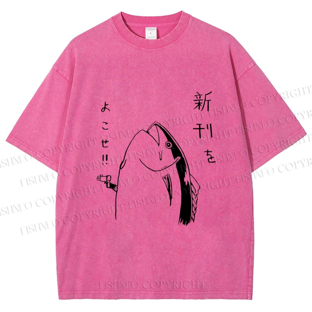 Unisex Vintage Japanese Funny Fish Shooting Printed Washed Tee