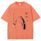 Unisex Vintage Japanese Funny Fish Shooting Printed Washed Tee