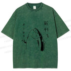 Unisex Vintage Japanese Funny Fish Shooting Printed Washed Tee