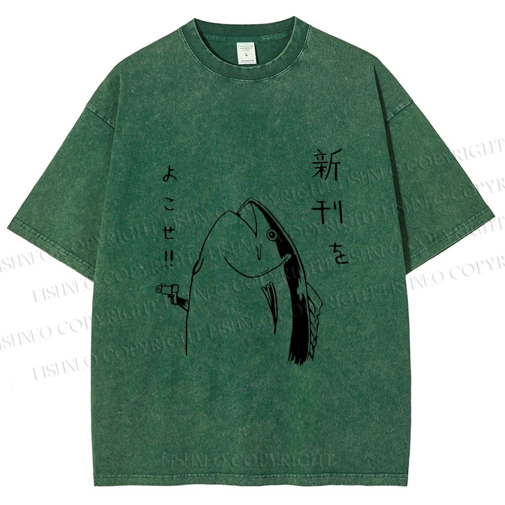 Unisex Vintage Japanese Funny Fish Shooting Printed Washed Tee